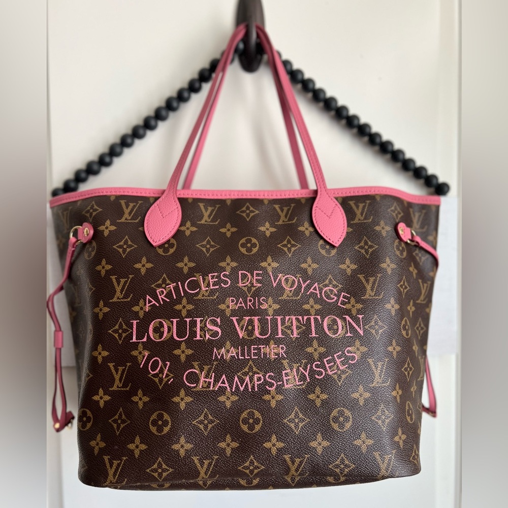 Louis Vuitton Neverfull MM Canvas Tote Ikat Monogram Bag Floral Purse PINK Brown